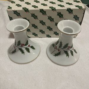 Vintage Pair Bone China Holly Christmas Candlestick Holders Made In Japan